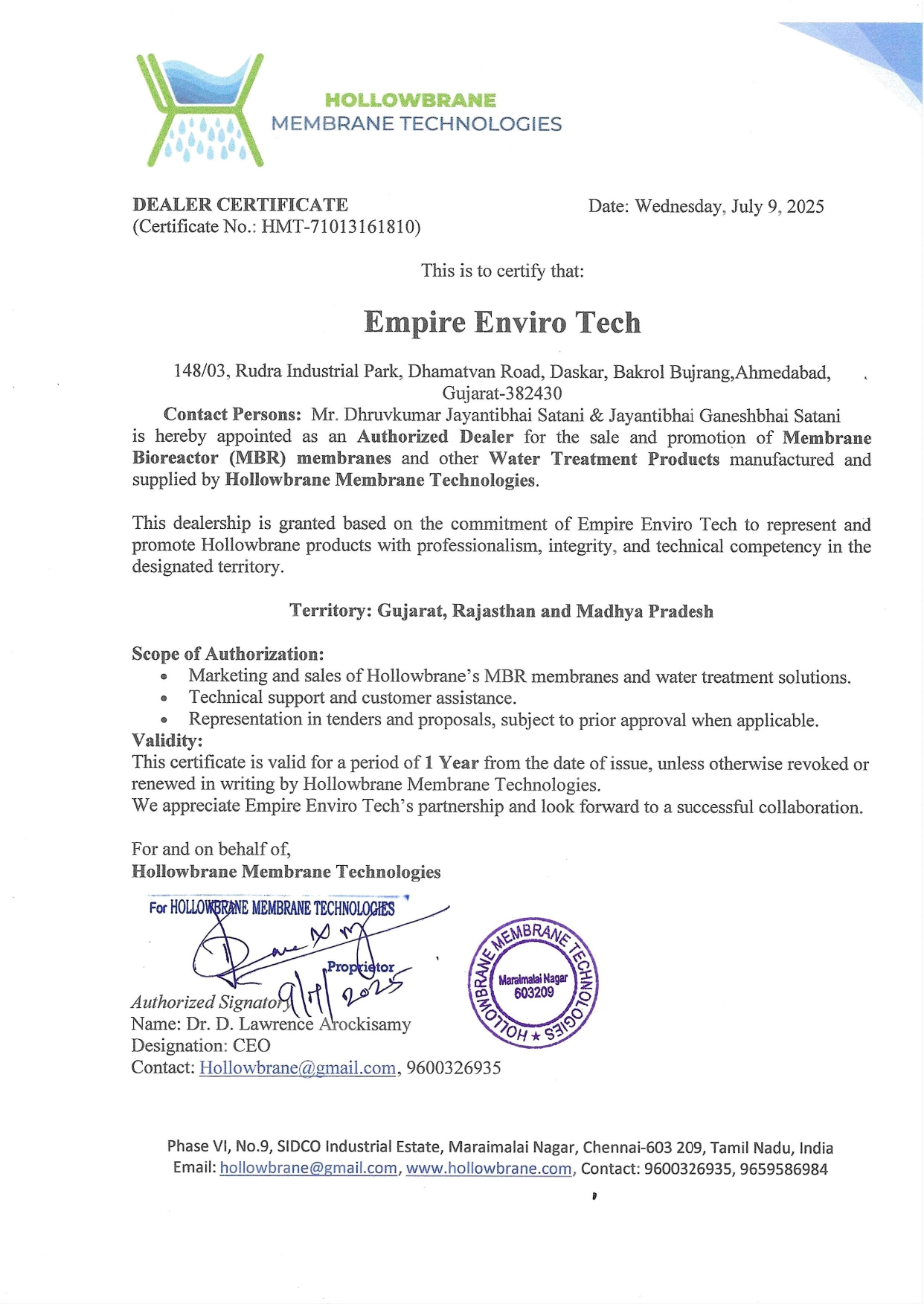 Hollowbrane Dealership Certificate